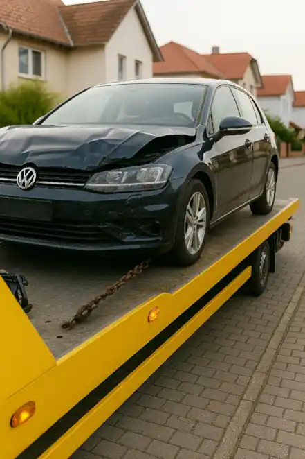 Ein defektes Auto wird zum Autoankauf in Calw abgeschleppt, um fachgerecht bewertet und angekauft zu werden.